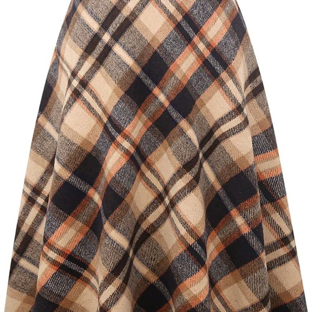 Womens Plaid Wool Skirts Elastic Waist A-Line Pleated Tartan Long Skirts